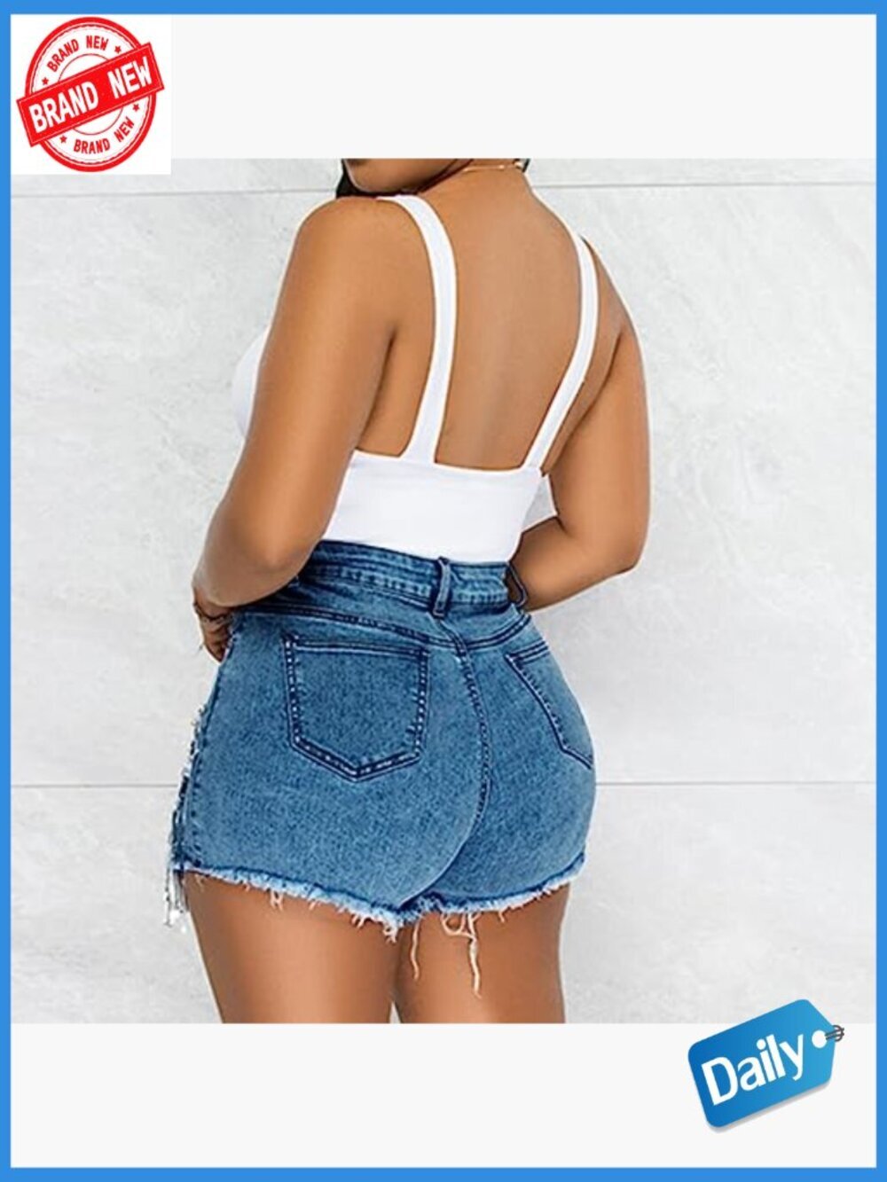 High Waisted Denim Shorts Ripped Frayed Raw Hem Tassels Jean Shorts - Picture 2 of 7